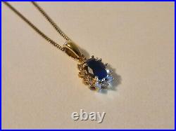 Gold Blue Sapphire Diamond Hallmarked 9ct Necklace Cluster Womens Jewellery