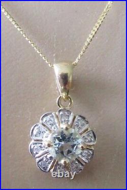 Gold Diamond Necklace 9ct Gold Aquamarine Diamond Cluster Pendant & Gold Chain