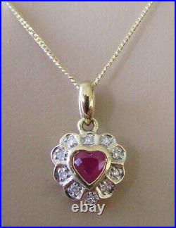 Gold Diamond Necklace 9ct Gold Ruby Diamond Cluster Pendant & Gold Chain
