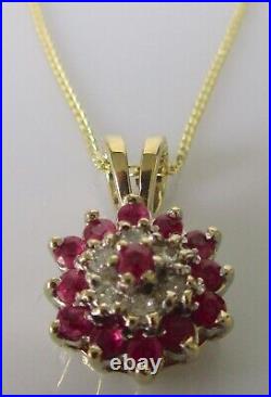 Gold Diamond Necklace 9ct Gold Ruby Diamond Round Cluster Pendant & Gold Chain