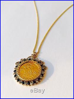 Gold Sovereign Necklace With 16 Diamonds & 16 Sapphires On A Fine 9ct Gold Chain