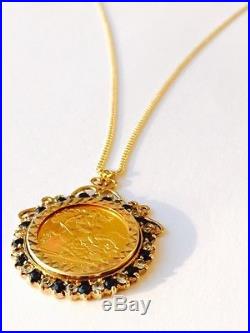 Gold Sovereign Necklace With 16 Diamonds & 16 Sapphires On A Fine 9ct Gold Chain