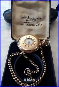 JW Benson 9ct Solid Gold Half Hunter Pocket Watch 1925 VGC+ 9ct Gold chain +Box