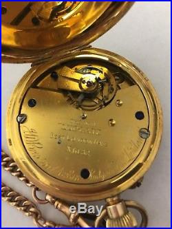 JW Benson 9ct Solid Gold Half Hunter Pocket Watch + 9ct Gold Chain