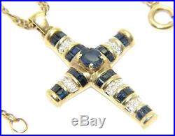 Ladies 9carat 9CT Gold Chain & Cross with Diamonds and Sapphires