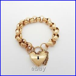 Ladies 9ct (375, 9K) Rose Gold Belcher Chain Bracelet with Heart Padlock