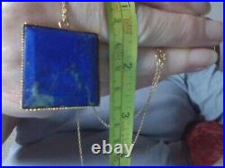 Large Vintage 375 9ct Yellow Gold Natural Lapis Lazuli Pendant With 18 Chain
