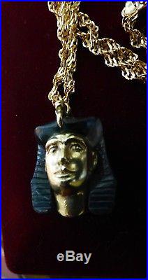 Large antique 18 carat gold Egyptian revival pharaoh head pendant + 9ct chain
