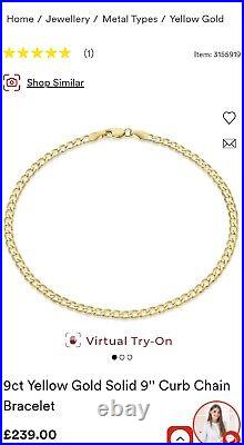 New 9 Solid 9ct Gold Curb Chain Bracelet/Anklet NOT SCRAP. 3.2g