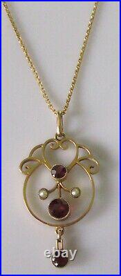 Pearl Garnet Necklace Edwardian 9ct Gold Garnet Seed Pearl Pendant & 9ct Chain