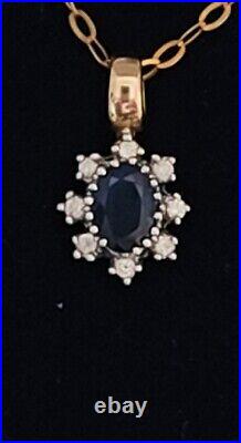 Pretty 9ct Gold Sapphire And Diamond Cluster Pendant with 9ct Gold Chain