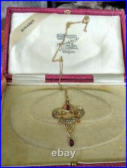 Pretty Edwardian 9ct Gold Garnet & Pearl Lavaliere Pendant & Chain