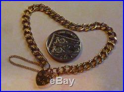 Pretty Vintage 9ct GOLD Double Curb Charm Bracelet HEART Lock & Safety chain