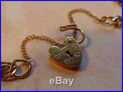Pretty Vintage 9ct GOLD Double Curb Charm Bracelet HEART Lock & Safety chain