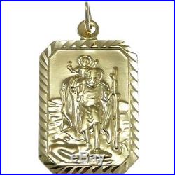 Rectangular Mens 9ct Gold St Saint Christopher Pendant Chain Necklace With Box