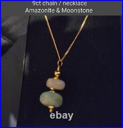 SAVE £100 9ct GOLD Chain Necklace AMAZONITE & MOONSTONE Pendant + GIFT BOX