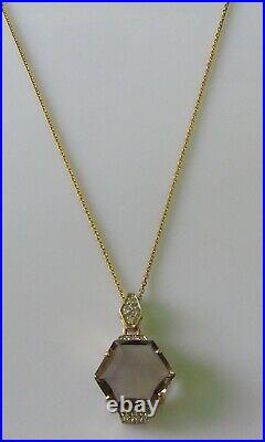 Secondhand 9ct yellow gold hexagonal smoky quartz multi diamond pendant & chain