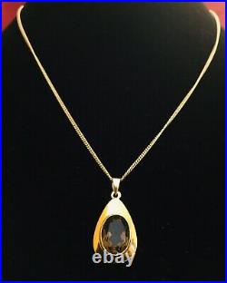 Solid 9k 9ct Gold 16 Chain Necklace with 9ct Gold Smokey Quartz Pendant Boxed