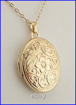 Stunning 9ct Yellow Gold Floral Engraved Oval Locket Pendant & Chain 21