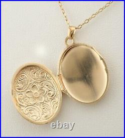 Stunning 9ct Yellow Gold Floral Engraved Oval Locket Pendant & Chain 21