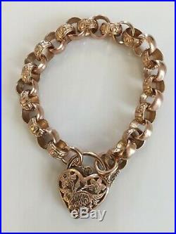 Stunning Ladies Vintage 9ct Gold Scroll Chain Bracelet + Ornate Love Heart Clasp