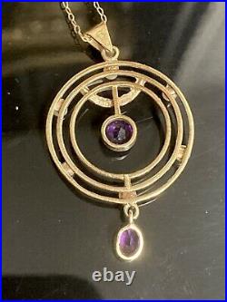 Suffragette Edwardian 9ct Gold Levalier Type Amethyst & Prarl Pendant Necklace