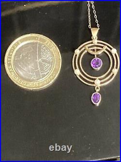 Suffragette Edwardian 9ct Gold Levalier Type Amethyst & Prarl Pendant Necklace
