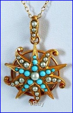 Superb Antique Victorian 9ct Gold Turquoise & Pearl Star Pendant & Chain
