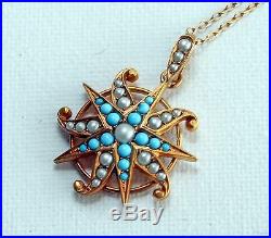 Superb Antique Victorian 9ct Gold Turquoise & Pearl Star Pendant & Chain