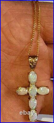 Uk Hallmarked 9ct Yellow Gold Gorgeous Natural Jelly Opal Set Cross Necklace