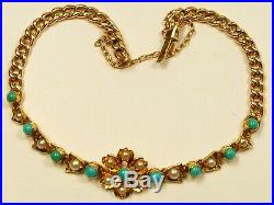 VERY RARE ANTIQUE 9ct GOLD TURQUOISE & PEARL FLOWER BRACELET CHAIN
