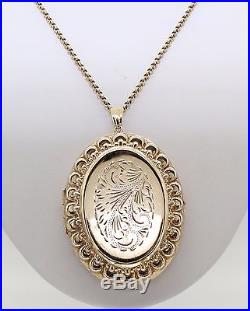 Very Large 9ct Gold Oval Locket And Chain, 28 Inch, For 2 Photos, Engraved Front