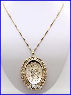 Very Large 9ct Gold Oval Locket And Chain, 28 Inch, For 2 Photos, Engraved Front