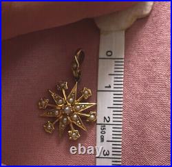 Victorian 15ct Gold Starburst Seed Pearl Pendant On 9ct Gold Chain
