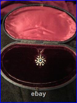 Victorian 15ct Gold Turquoise & Seed Pearl Pendant On 9ct. 18 Inch chain. No Box