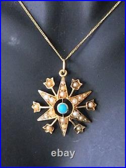 Victorian 15ct Gold Turquoise & Seed Pearl Pendant On 9ct. 18 Inch chain. No Box