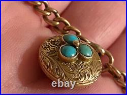 Victorian 9ct solid gold chain with gold turquoise mouring locket forget me not