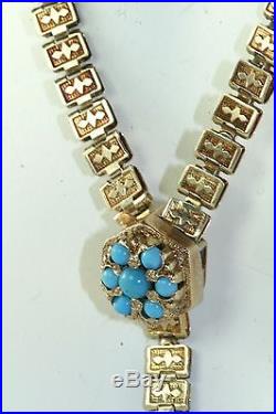Victorian Antique 9k 9ct Gold Book Chain Turquoise Necklace
