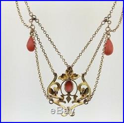 Victorian Art Nouveau Coral Seed Pearls Diamond 9ct Gold Chain Necklace c1890 UK