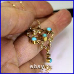Victorian Turquoise & Pearl 9ct Yellow Gold Lavaliere Necklace Pendant Chain