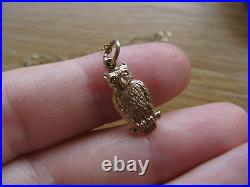 Vintage 9ct 375 Yellow Gold, Owl Pendant Charm with Chain