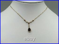 Vintage 9ct 9k yellow gold garnet and pearl pendant necklace 16'' sparkly chain