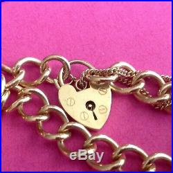 Vintage 9ct Gold Charm Bracelet With Lock & Safety Chain. 20g Boxed