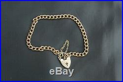 Vintage 9ct Gold Chunky Curb Charm Bracelet Heart Lock Safety Chain 11.4 grams