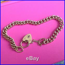 Vintage 9ct Gold Solid Link Charm Bracelet with Lock & Safety Chain 16.2g