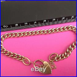 Vintage 9ct Gold Solid Link Charm Bracelet with Lock & Safety Chain 16.2g