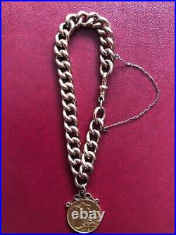 Vintage 9ct Rose Gold Charm Bracelet + hanging 22ct full sovereign coin