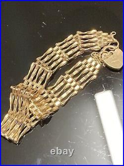 Vintage 9ct Solid Gold 5 Bar Gate Bracelet With Heart Padlock And Safety Chain