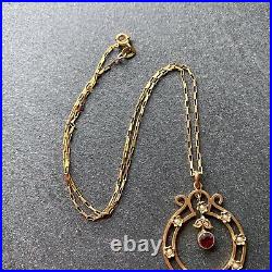 Vintage Antique 9ct Gold Garnet And Pearl Art Nouveau Pendant Necklace and chain
