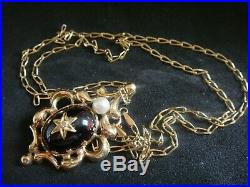 Vintage Bohemian Garnet Diamond & Pearl 9ct Gold Lavaliere Pendant 20 Ins Chain